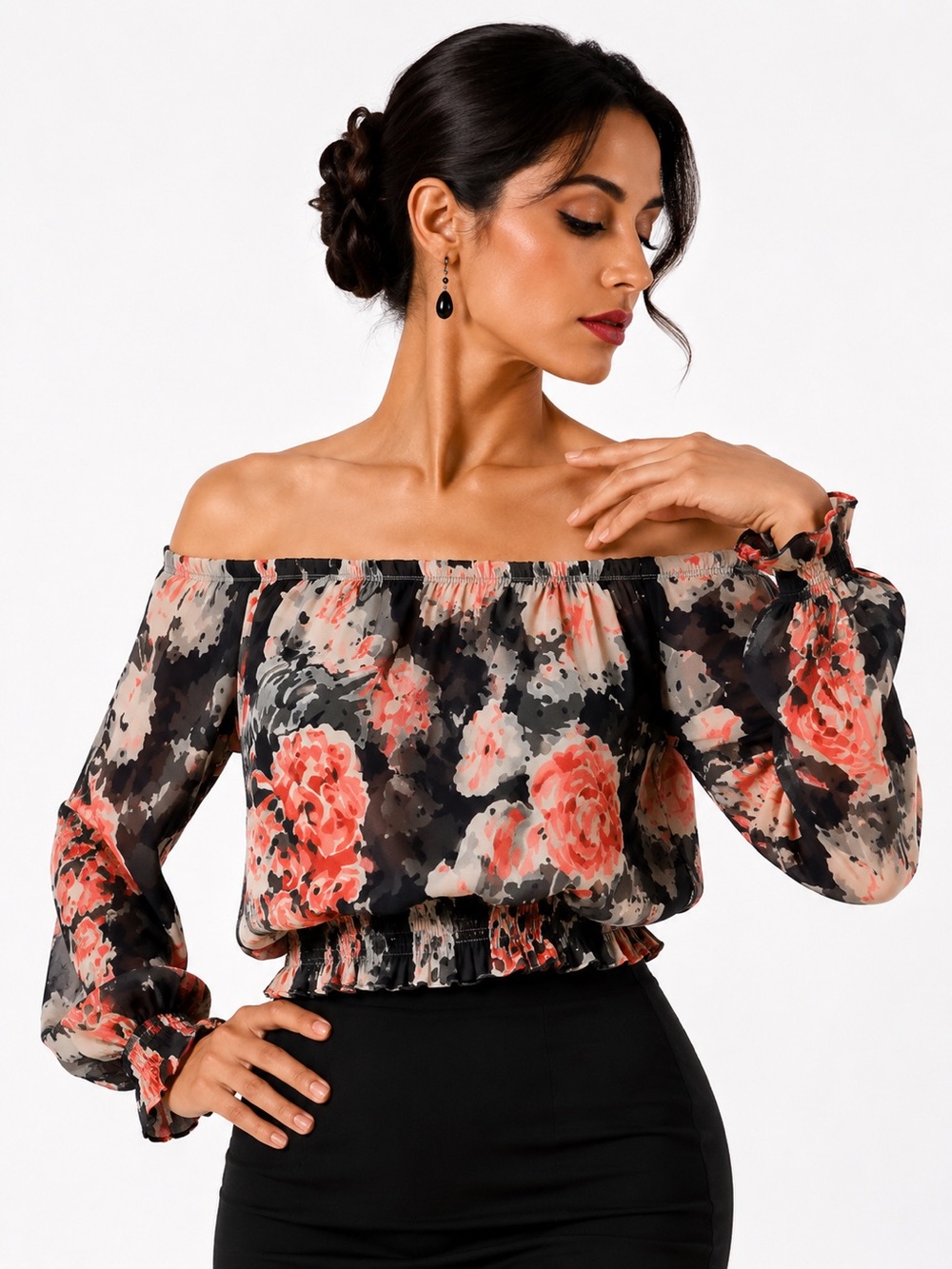 Off Shoulder Tango Dance Top Floral Blouson Smocked Waist Romantic Boho